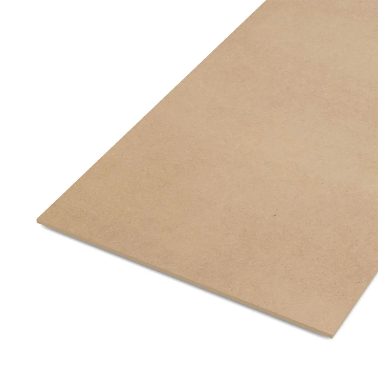The Go Build 1/8 in. x 4 ft. x 8 ft. MDF sheet features smooth, light brown surfaces and straight edges, shown from an angle against a white background, highlighting its flatness and readiness for delivery.